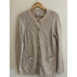 LL Bean Womens Stitchworks Cardigan Sweater Chunky Knit Button Up Khaki Size M